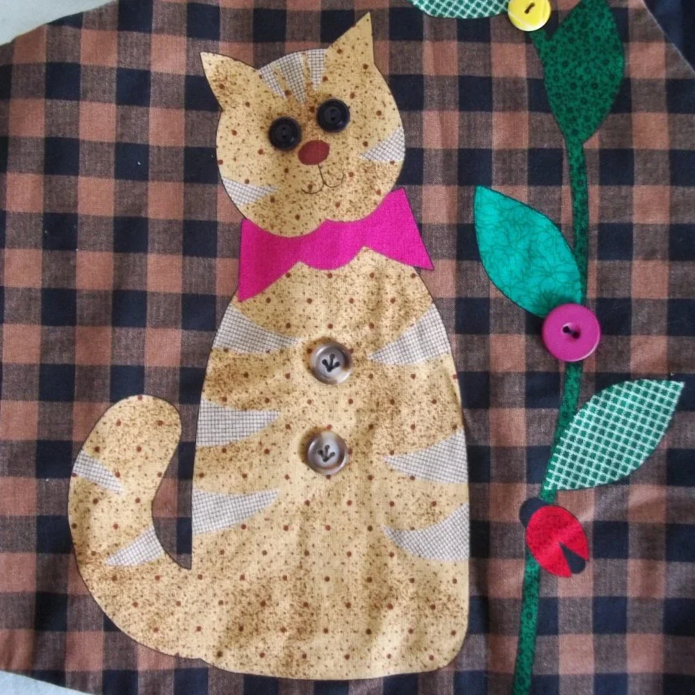 Vintage CRAFTCORE Kitsch Ditsy Floral Cat Scrunchie Flower Check Waistcoat Vest - Picture 6 of 7